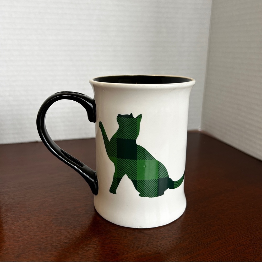 Ashland Kitty Cat Plaid Green And White Coffee Mug With Golden Paw Spoon